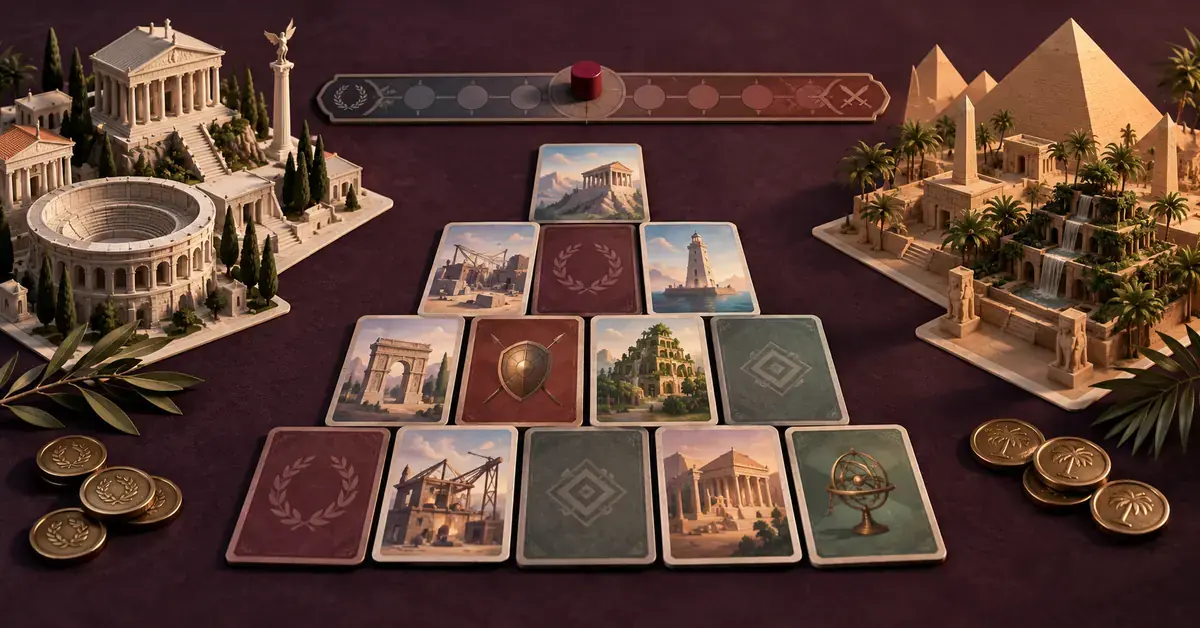 Illustrasjon inspirert av 7 Wonders Duel, med antikke sivilisasjoner på hver side av et trappeformet kortoppsett, mynter og et konfliktspor.