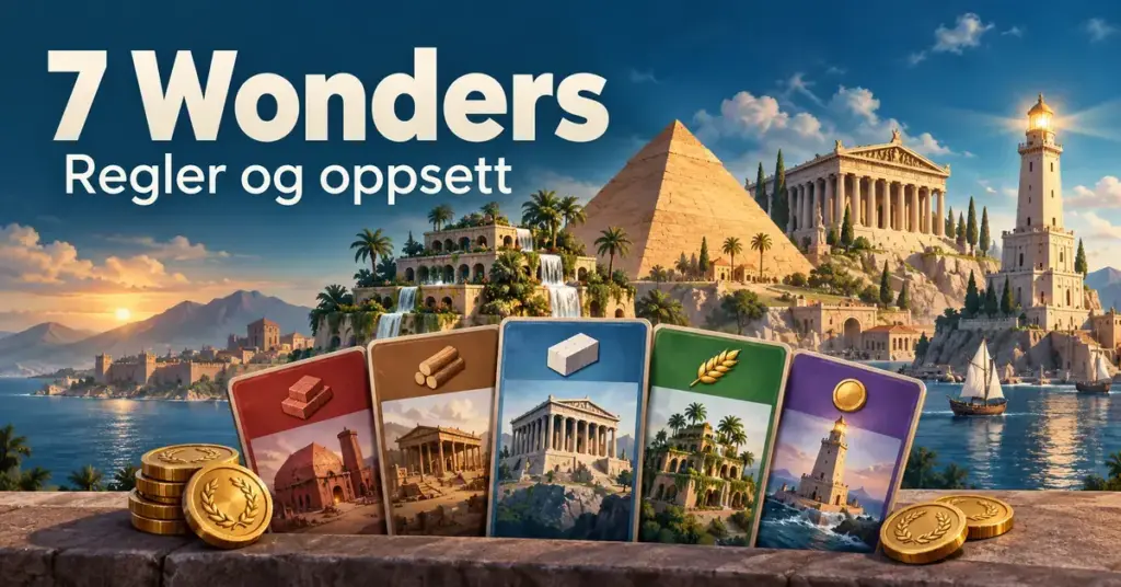 Illustrasjon av oldtidens underverker med strategikort og gullmynter i forgrunnen og teksten «7 Wonders – Regler og oppsett».