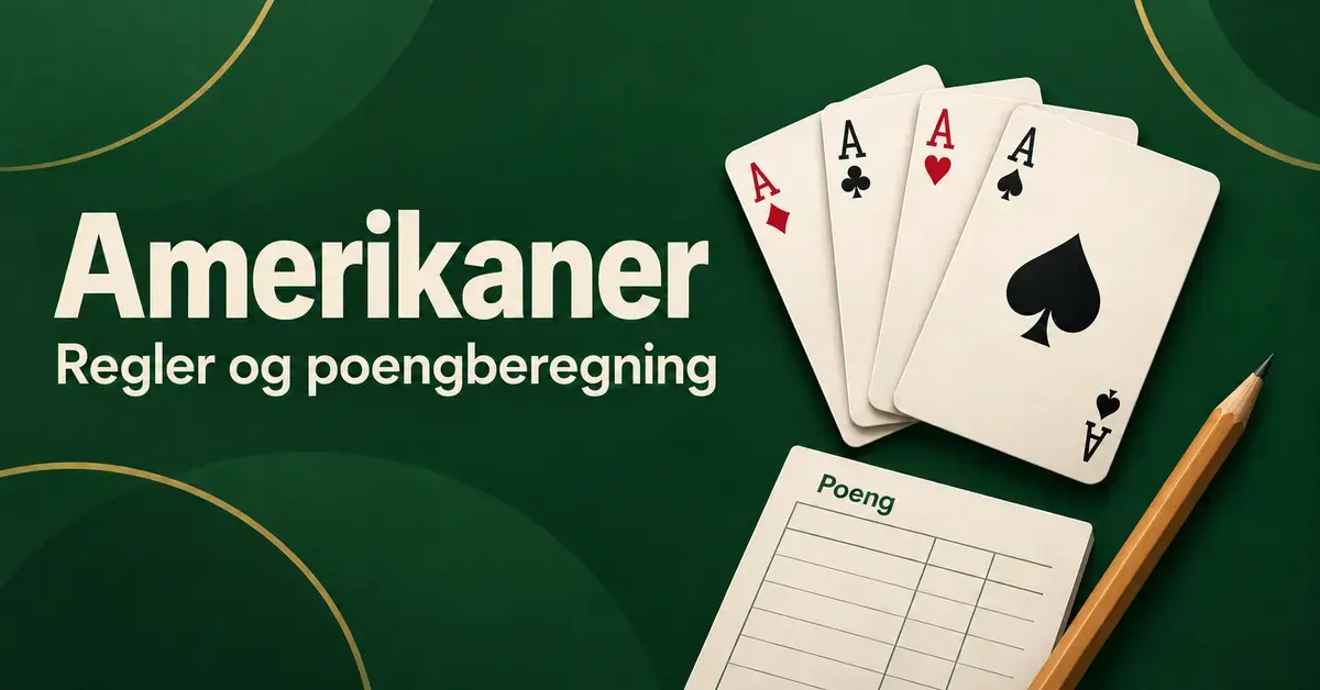 Fire ess, et poengskjema og en blyant på grønn bakgrunn med teksten «Amerikaner – Regler og poengberegning».