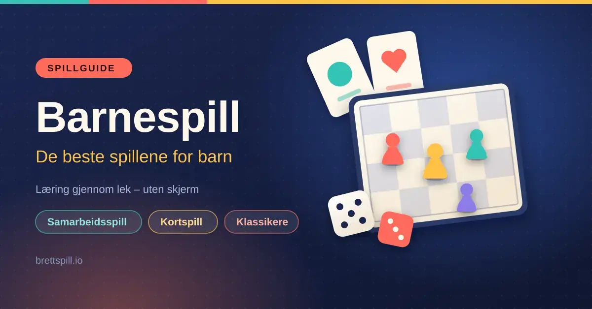 Illustrasjon av et brettspill for barn med fargerike spillebrikker, terninger og spillkort, ved siden av teksten «Barnespill – de beste spillene for barn».