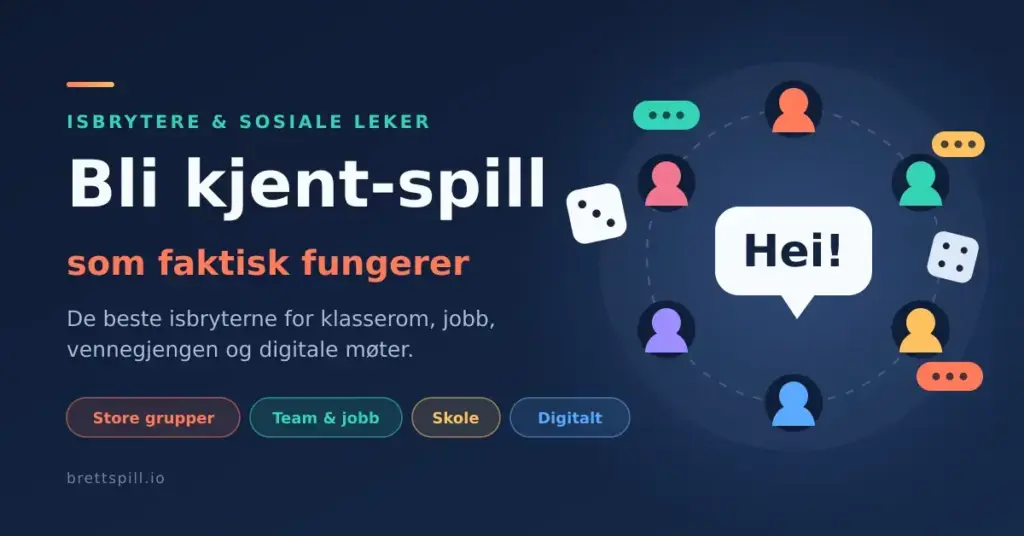 Grafikk med tittelen «Bli kjent-spill som faktisk fungerer», der seks fargerike figurer sitter i ring rundt en snakkeboble med ordet «Hei!», omgitt av terninger og chatbobler.