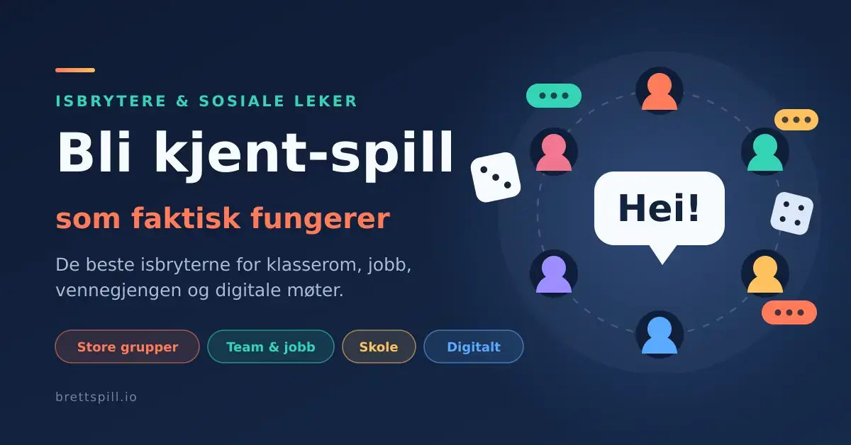 Grafikk med tittelen «Bli kjent-spill som faktisk fungerer», der seks fargerike figurer sitter i ring rundt en snakkeboble med ordet «Hei!», omgitt av terninger og chatbobler.