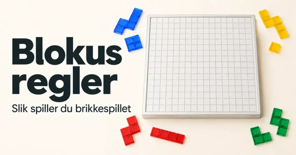 Illustrasjon av et tomt rutebrett omgitt av blå, gule, røde og grønne brikker, med teksten «Blokus regler – Slik spiller du brikkespillet».