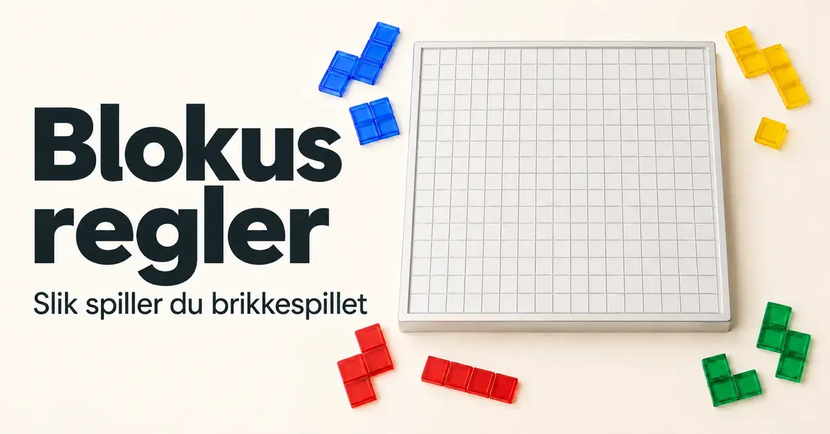 Illustrasjon av et tomt rutebrett omgitt av blå, gule, røde og grønne brikker, med teksten «Blokus regler – Slik spiller du brikkespillet».