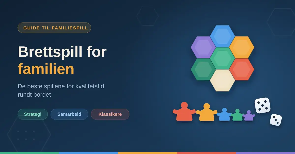 Illustrasjon med sekskantede brettspillbrikker, fargerike spillefigurer som holder hender og terninger, ved siden av teksten «Brettspill for familien».