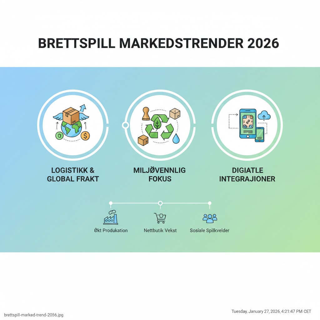 En representasjon i infografikkstil av brettspillmarkedet i 2026, med ikoner for frakt, miljøvennlige materialer og digitale apper.