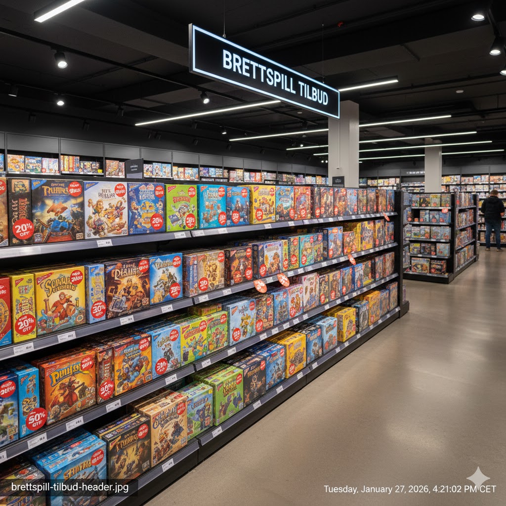 Et stort utvalg av brettspill utstilt i butikkhyllene med knallrøde salgsmerker og prosenttegn, moderne butikkmiljø, høy kvalitet
