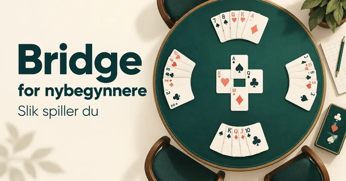 Illustrasjon av et grønt bridgebord med spillekort fordelt på fire plasser og teksten «Bridge for nybegynnere – Slik spiller du».
