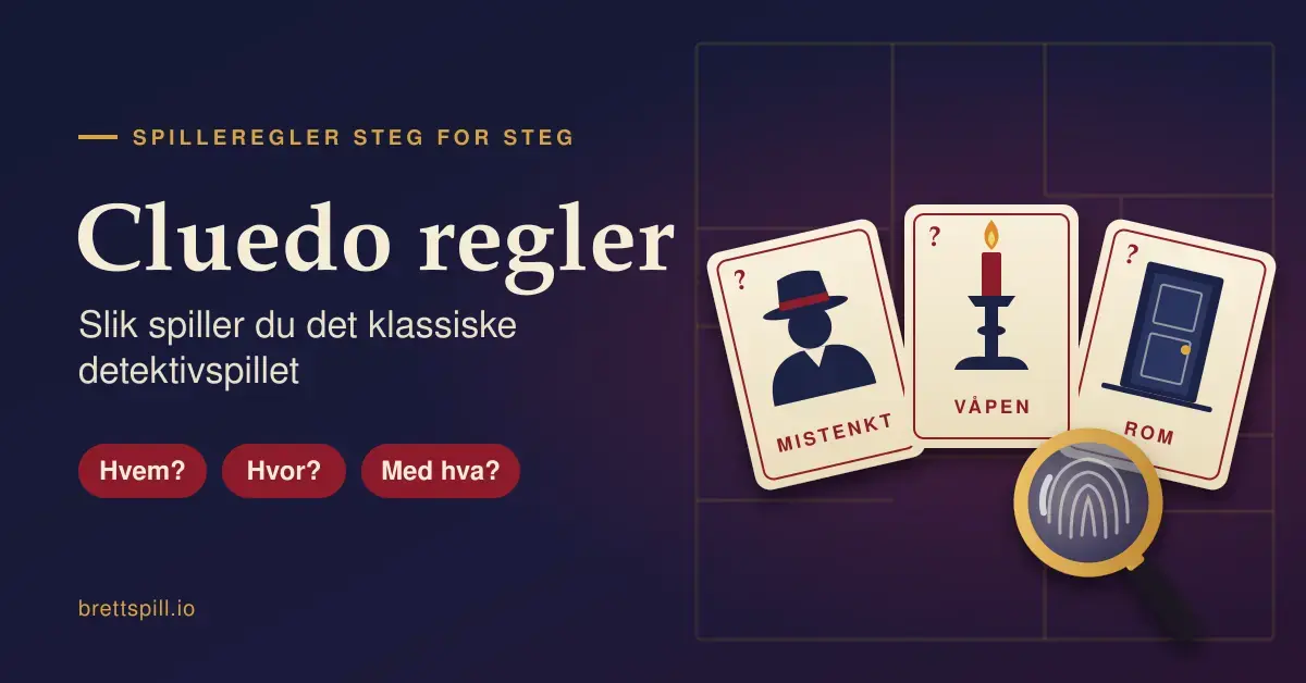 Illustrasjon med teksten «Cluedo regler – Slik spiller du det klassiske detektivspillet» ved siden av tre spillkort for mistenkt, våpen og rom og et forstørrelsesglass over et fingeravtrykk.
