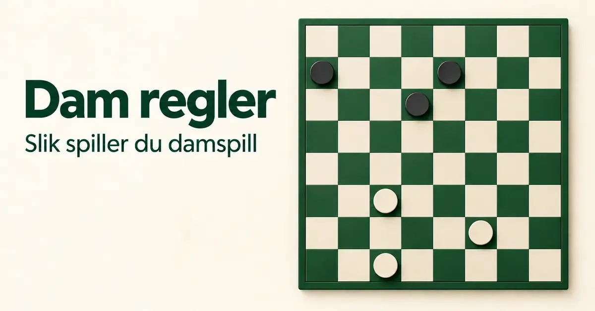 Et grønt og kremfarget dambrett med tre mørke og tre lyse brikker, ved siden av teksten «Dam regler – Slik spiller du damspill».