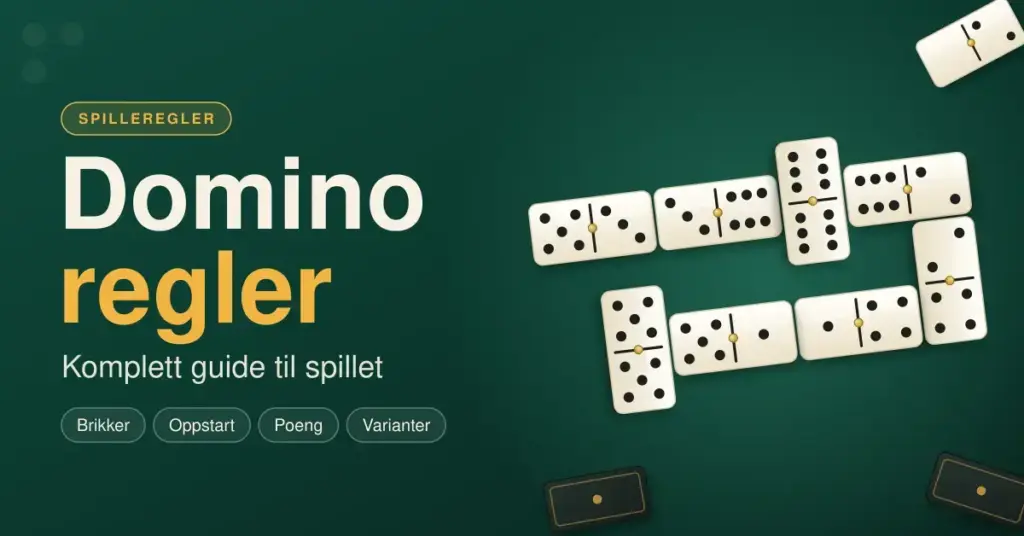 Grafikk med teksten «Domino regler – komplett guide til spillet» og en kjede av elfenbenshvite dominobrikker med sammenfallende tall lagt ut på et grønt spillebord.
