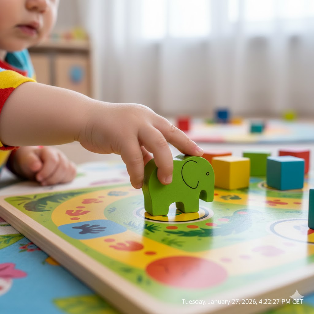 Child's hand carefully placing a large wooden playing piece onto a board, showing detail of small hand and high-quality game materials.