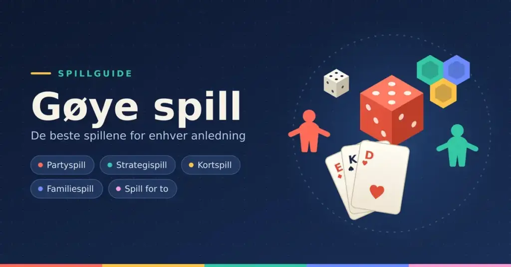 Grafikk med teksten «Gøye spill – de beste spillene for enhver anledning» på mørkeblå bakgrunn, omgitt av terninger, spillebrikker, sekskantede brikker og spillkort, samt kategoriene partyspill, strategispill, kortspill, familiespill og spill for to.