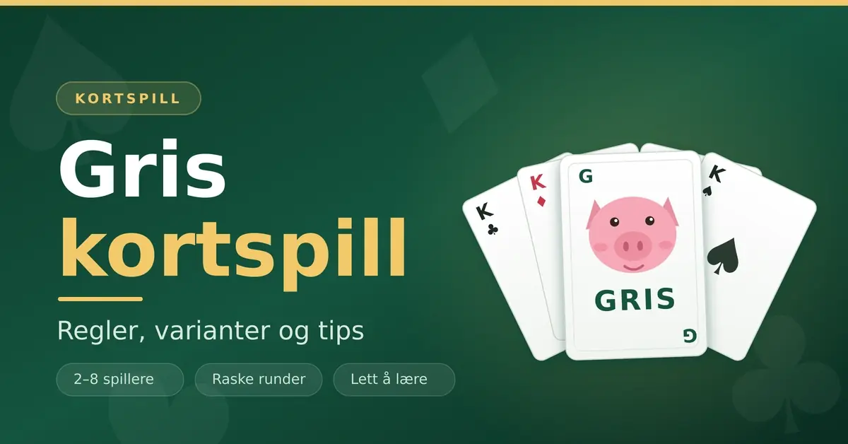 Illustrasjon av kortspillet Gris med en vifte av spillkort og et kort med en tegnet gris, ved siden av teksten «Gris kortspill – regler, varianter og tips».