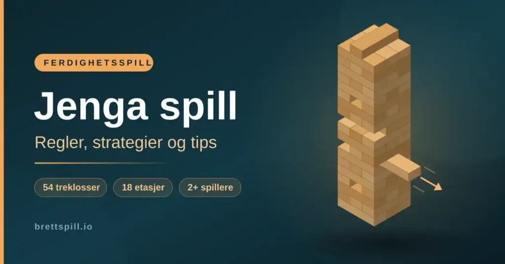 Illustrasjon av et høyt Jenga-tårn i tre der en kloss trekkes ut, ved siden av teksten «Jenga spill – regler, strategier og tips».