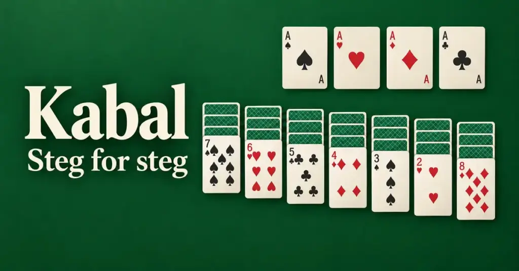 Illustrasjon av kabal med sju kortkolonner og fire ess på grønn bakgrunn, ved siden av teksten «Kabal – Steg for steg».