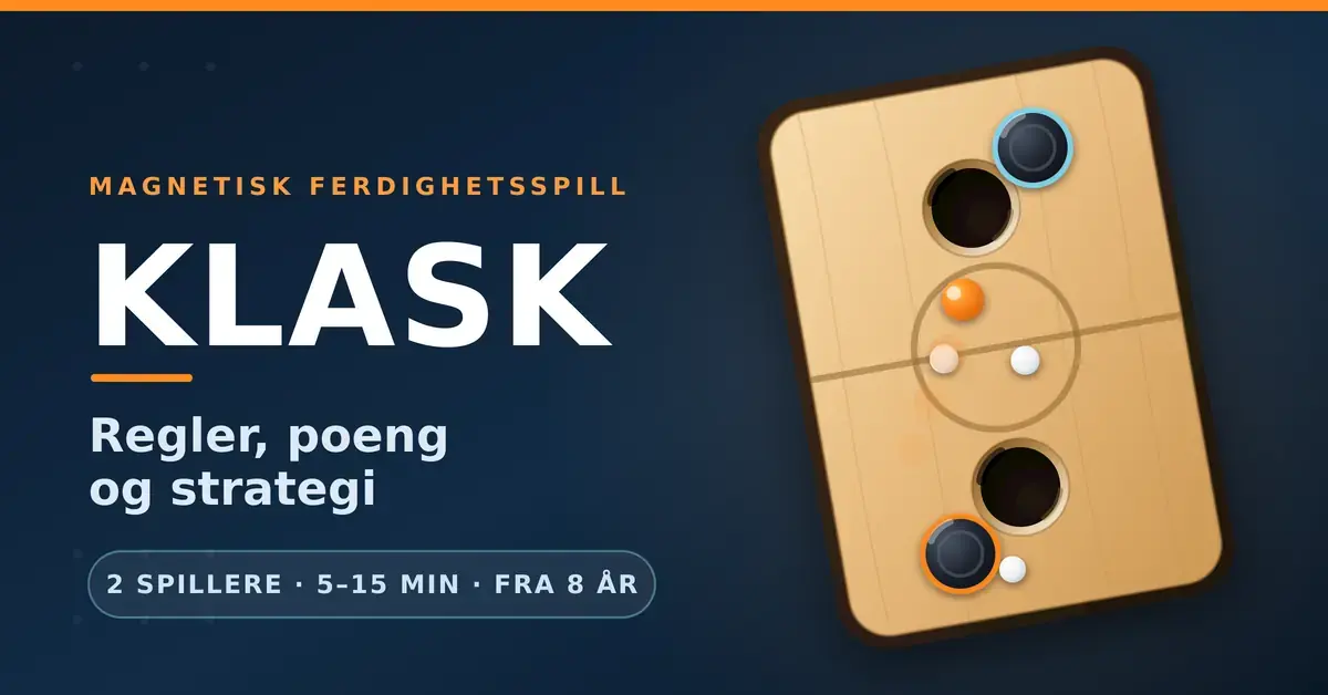 Illustrasjon av et KLASK-spillebrett sett ovenfra med to magnetiske spillerbrikker, hvite magneter, oransje ball og to målhull, ved siden av teksten «KLASK – regler, poeng og strategi».