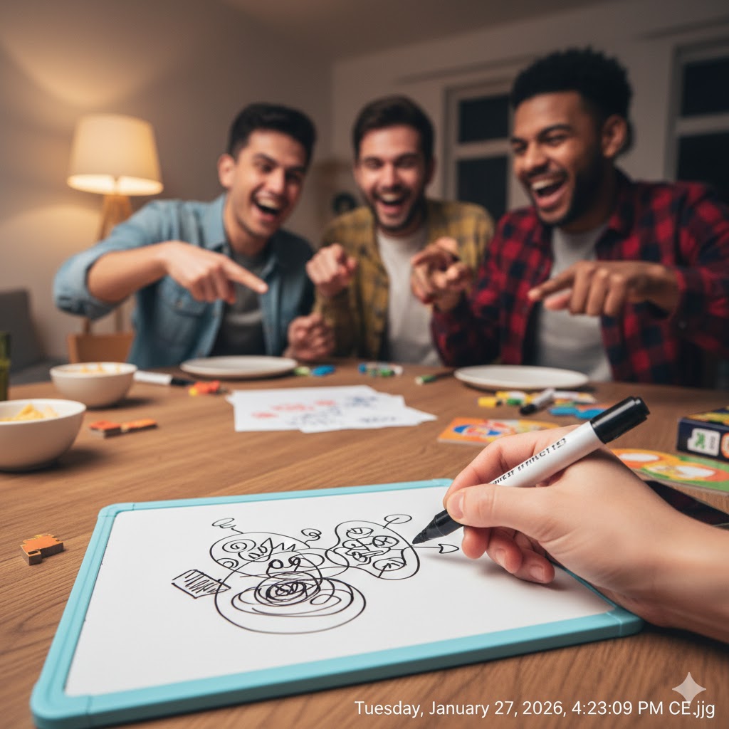 Hand drawing a funny, unrecognizable object on a small whiteboard during a game, others pointing and laughing in the background.