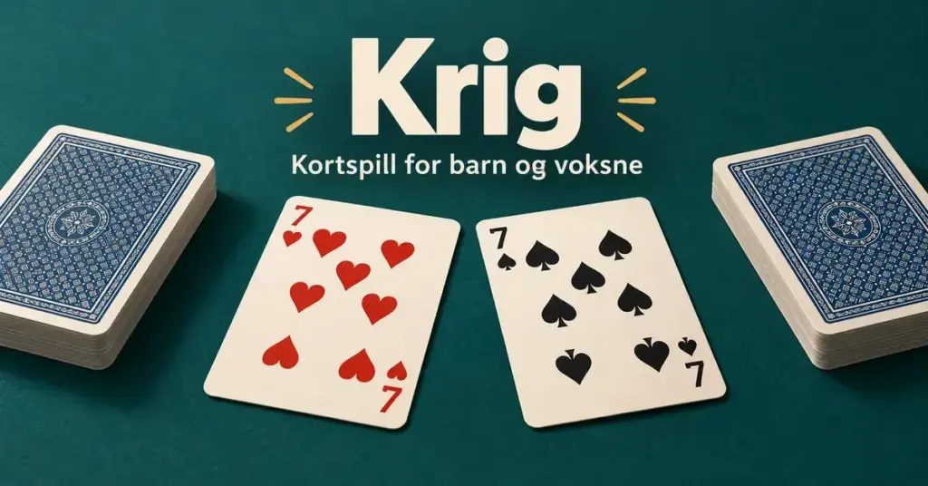 To kortbunker og hjerter sju og spar sju på et grønt bord, med teksten «Krig – Kortspill for barn og voksne».