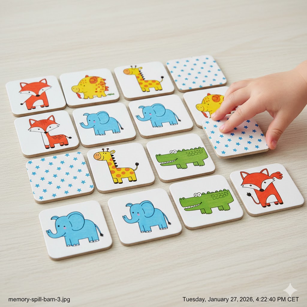 Top-down view of a classic memory game with thick cardboard tiles showing colorful animal illustrations, some tiles face up and some face down.
