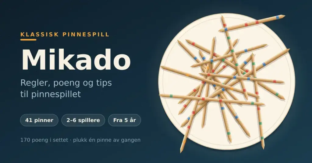 Illustrasjon av en haug med Mikado-pinner med fargede striper på et lyst, rundt bord, ved siden av teksten «Mikado – regler, poeng og tips til pinnespillet».