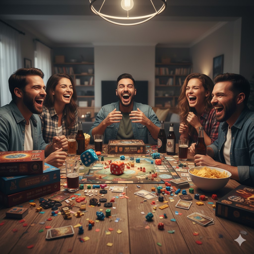 “A group of diverse friends laughing hysterically around a table filled with colorful board games, snacks, and drinks, vibrant and joyful atmosphere.”