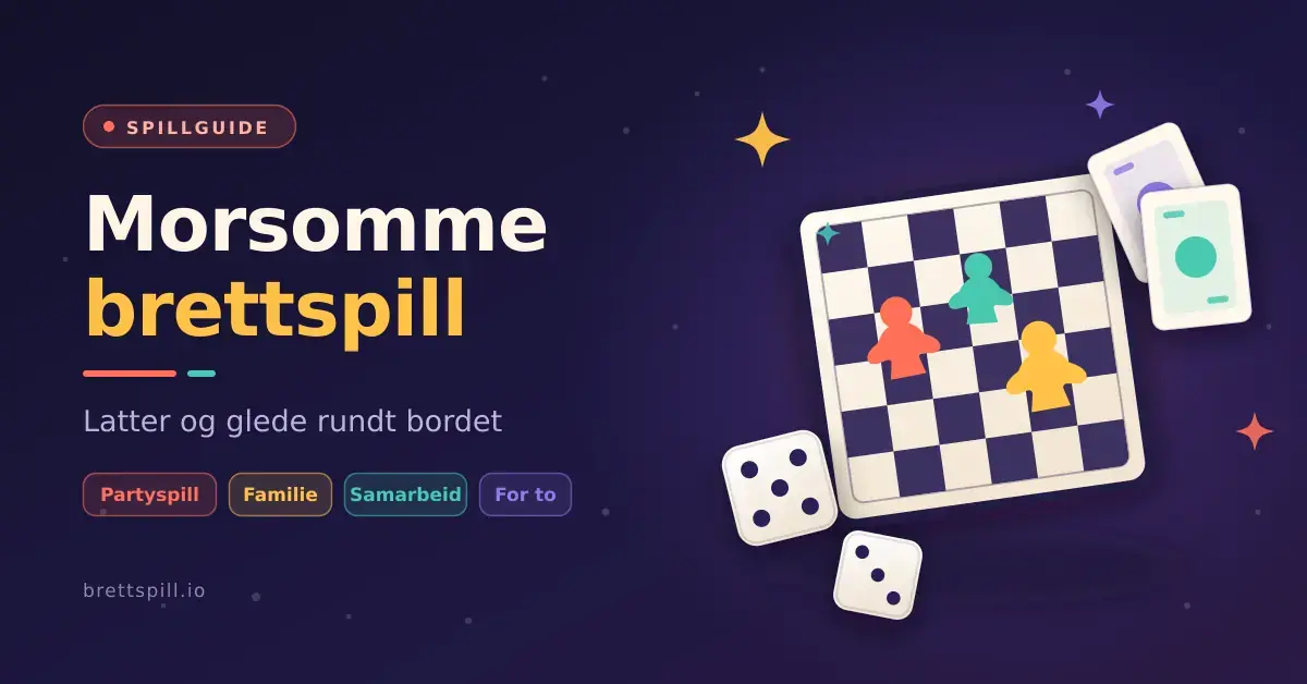 Illustrasjon av et fargerikt brettspill med spillebrett, terninger, spillekort og tre brikker, med teksten «Morsomme brettspill – latter og glede rundt bordet».
