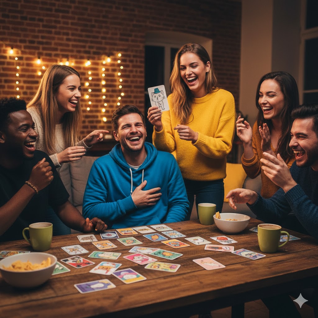 Friends sitting in a cozy living room playing an intense card game, expressions of shock and laughter, warm lighting