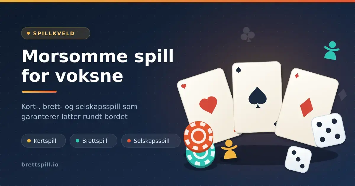 Grafikk til spillkveld med en vifte av spillkort, pokersjetonger, terninger og spillebrikker ved siden av teksten «Morsomme spill for voksne».