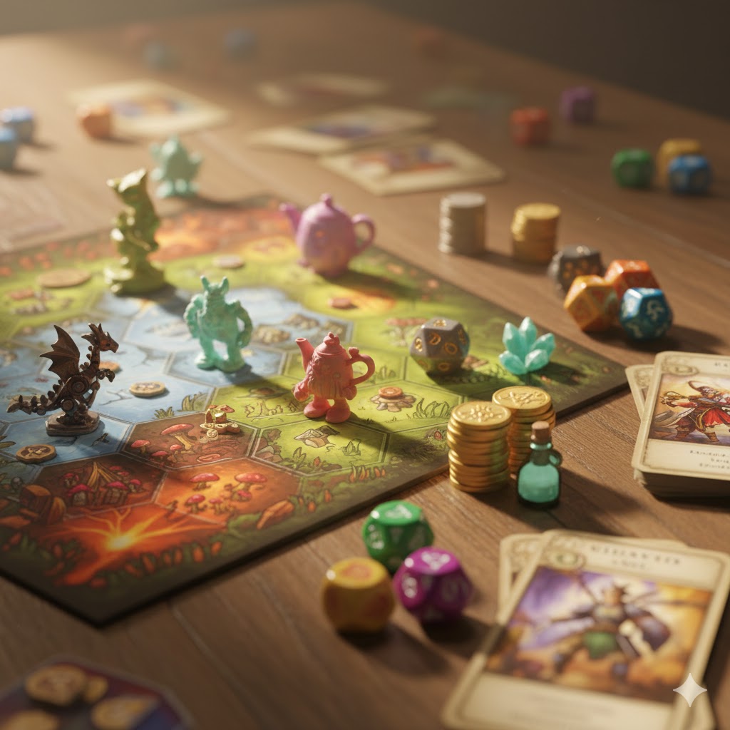 Close-up of a strategy board game with humorous character pieces and cards with funny illustrations, high quality, 4k.