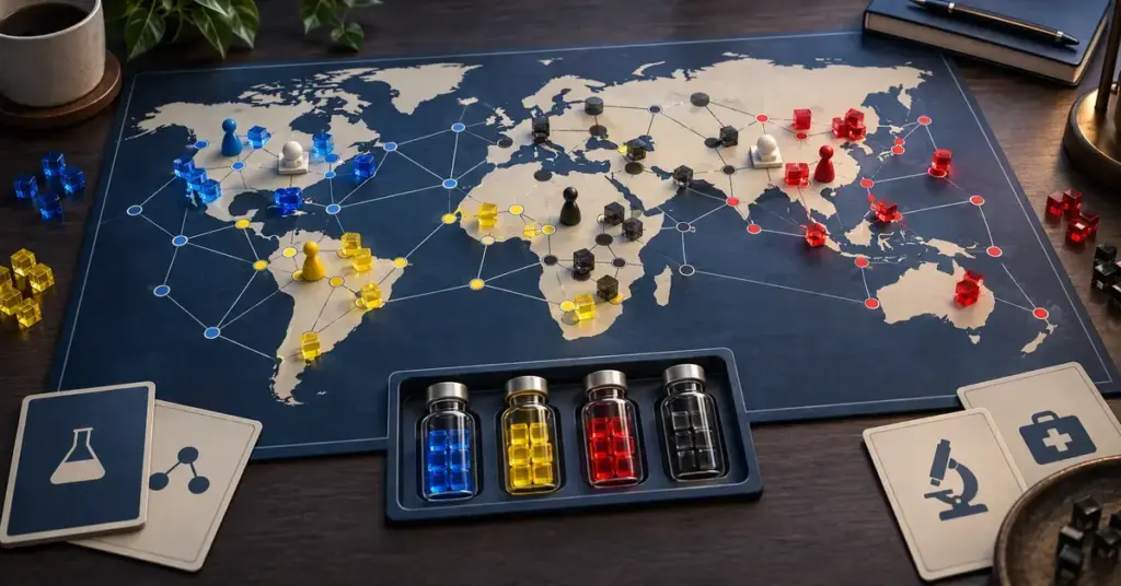 Illustrasjon inspirert av Pandemic med et verdenskart, sykdomsbrikker i fire farger, spillebrikker og prøveglass som symboliserer jakten på kurer.