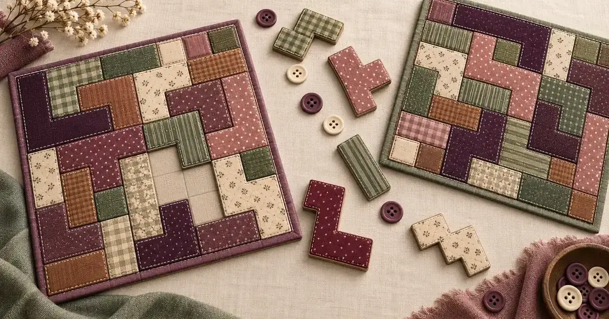 Illustrasjon inspirert av Patchwork med to lappeteppebrett, mønstrede stoffbrikker og knapper på et lyst underlag.