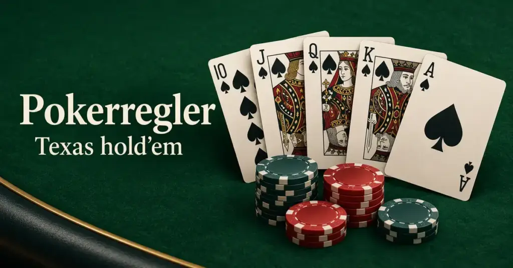 Fem spillkort med royal flush i spar og stabler med pokersjetonger på grønn filt, med teksten «Pokerregler – Texas hold’em».
