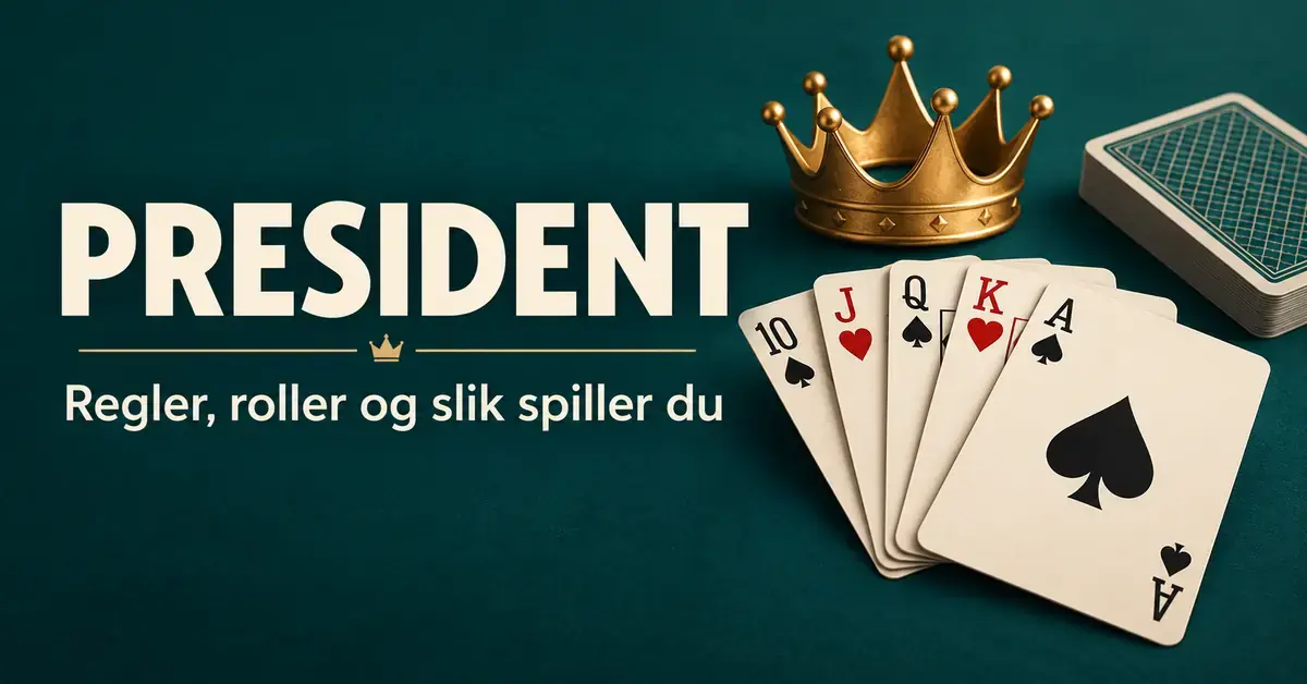 Spillkort og en gyllen krone på mørkegrønn bakgrunn med teksten «President – Regler, roller og slik spiller du».