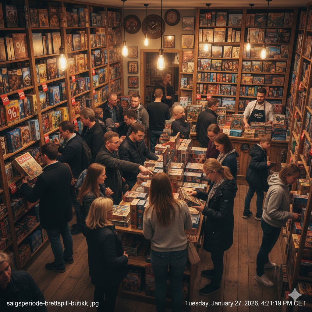Inne i en koselig butikk som spesialiserer seg på brettspill, med kunder som ser på varene under et travelt salgsevent, varm belysning, hyller fulle av spill.