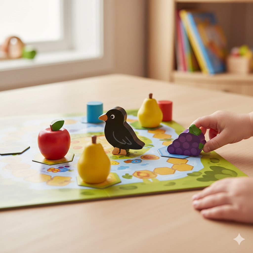 Close-up of a high-quality cooperative board game for toddlers, featuring large wooden fruit pieces and a wooden crow figure on a path