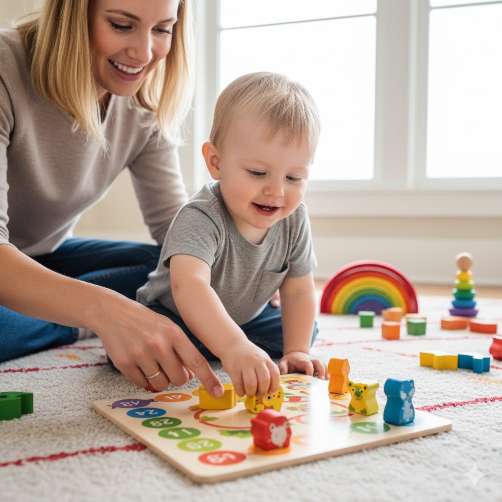 A lifestyle photo of a 3-year-old child and a parent sitting on a colorful rug playing a wooden board game, bright and happy atmosphere, focus on the interaction