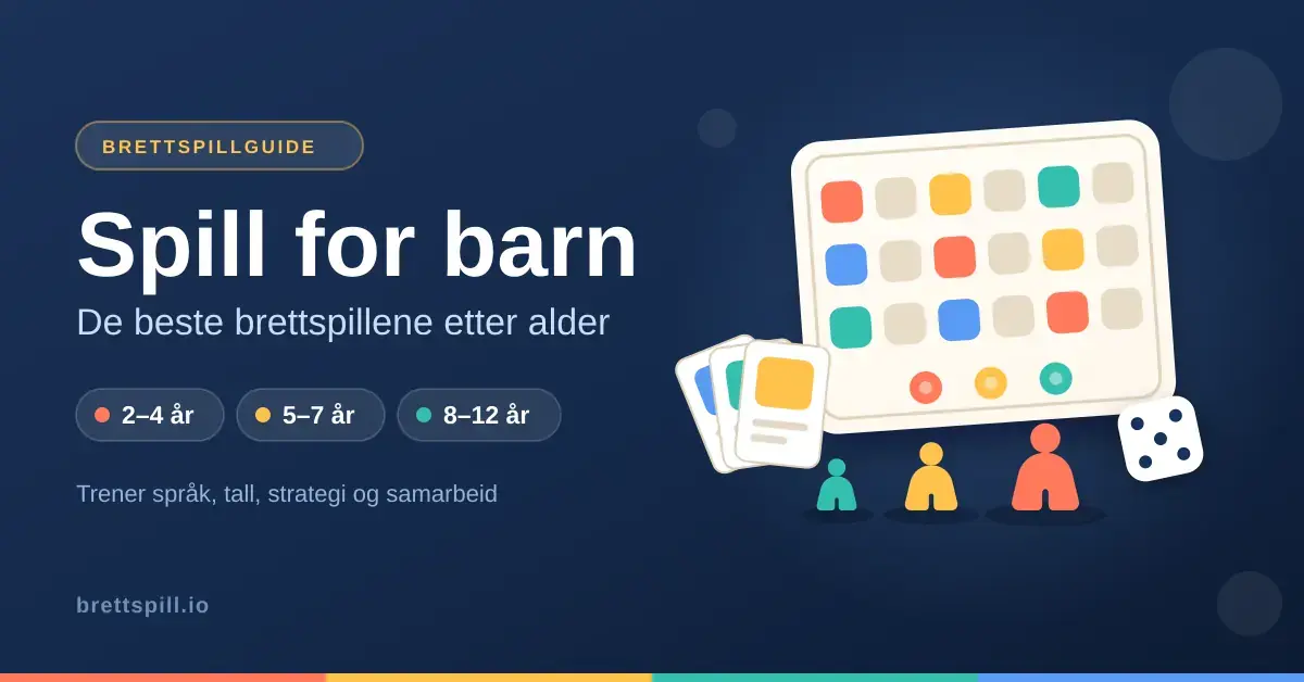 Illustrasjon med teksten «Spill for barn – de beste brettspillene etter alder» og aldersgruppene 2–4 år, 5–7 år og 8–12 år, ved siden av et fargerikt brettspill med spillkort, terning og tre spillebrikker i økende størrelse.