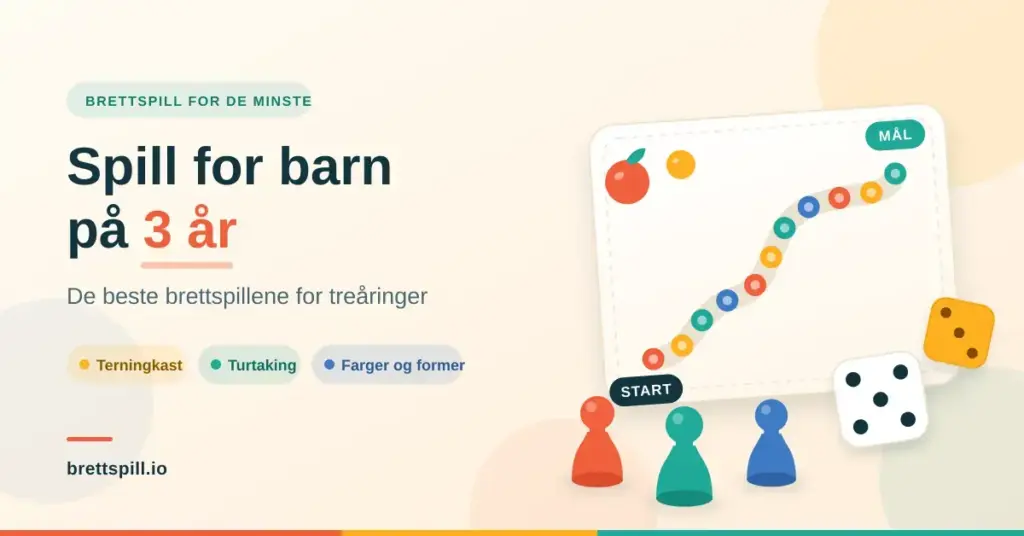 Illustrasjon av et fargerikt barnebrettspill med terninger, spillebrikker i tre og en prikkete løype fra start til mål, med teksten «Spill for barn på 3 år».