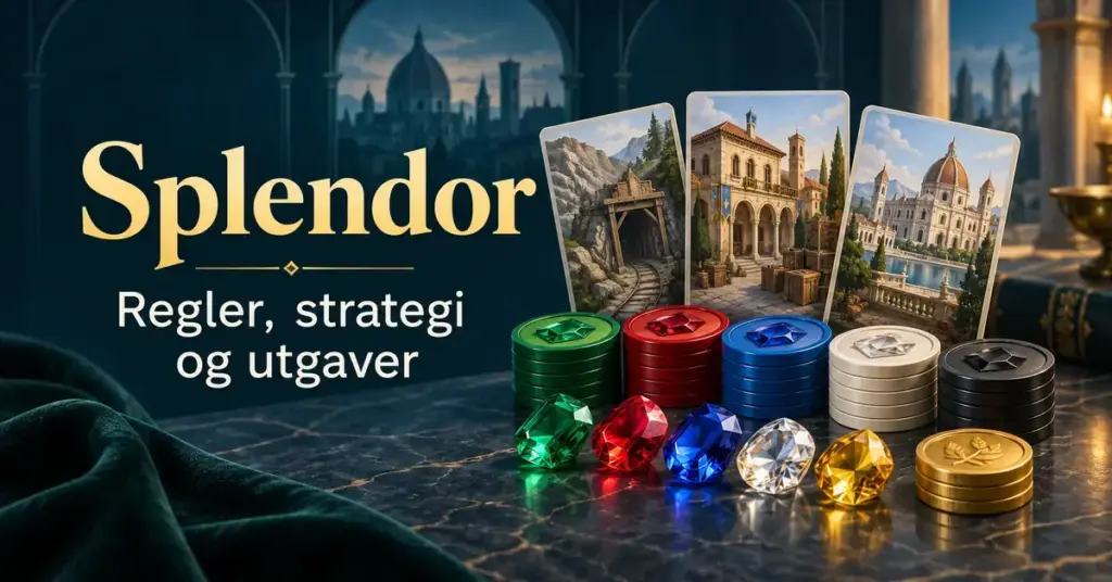 Illustrasjon av fargerike edelstener, stablede spillbrikker og kort med renessansebygninger ved siden av teksten «Splendor – Regler, strategi og utgaver».