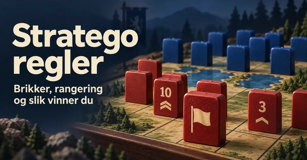 Røde og blå Stratego-brikker på et spillebrett med innsjøer, en flaggbrikke og teksten «Stratego regler – Brikker, rangering og slik vinner du».
