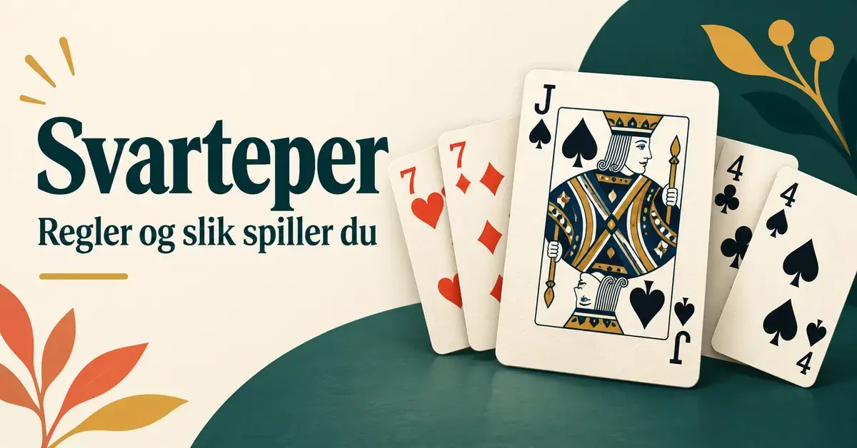 Illustrasjon av spar knekt foran to kortpar, med teksten «Svarteper – Regler og slik spiller du» på kremfarget og mørkegrønn bakgrunn.