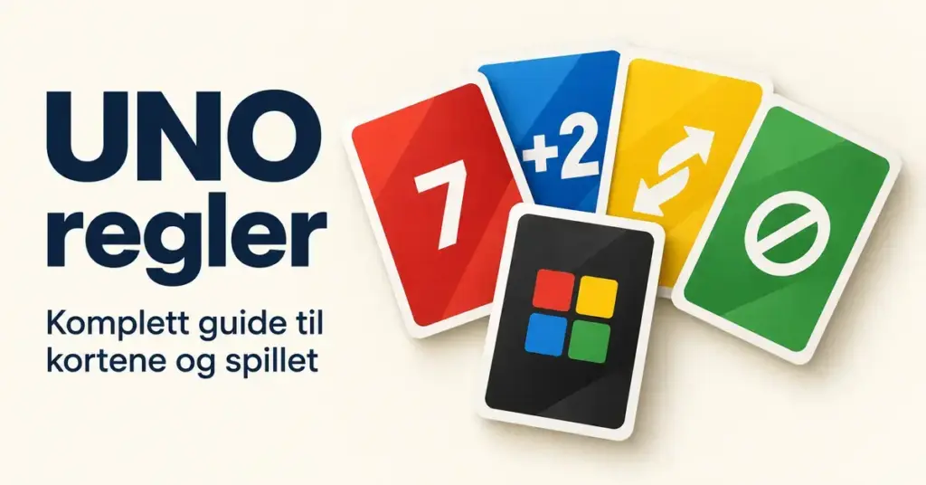 Fargerike spillkort med tall og spesialsymboler ved siden av teksten «UNO regler – Komplett guide til kortene og spillet».