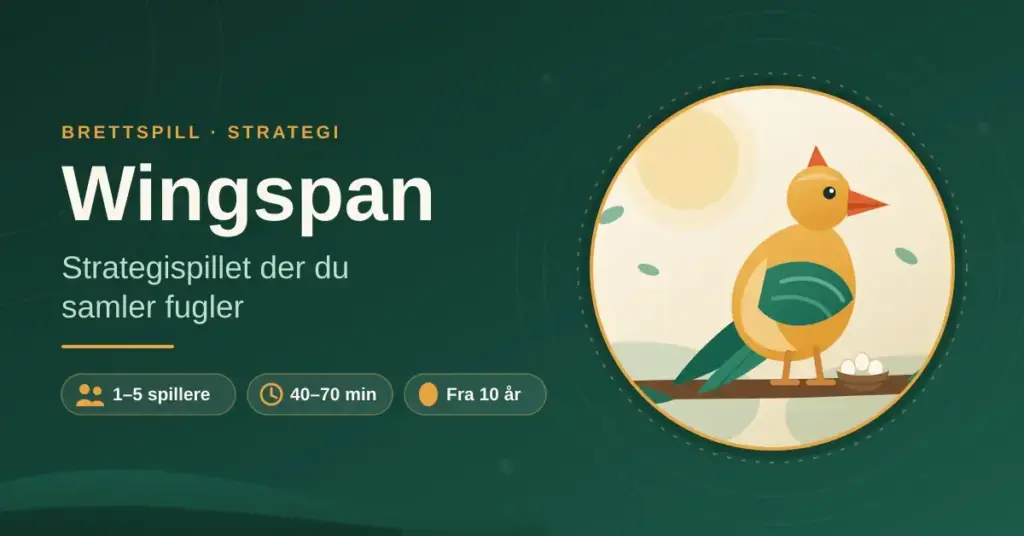 Illustrasjon av en fargerik fugl som sitter på en gren ved siden av et reir med egg, med teksten «Wingspan – strategispillet der du samler fugler» og spillinfo om antall spillere, spilletid og aldersgrense.