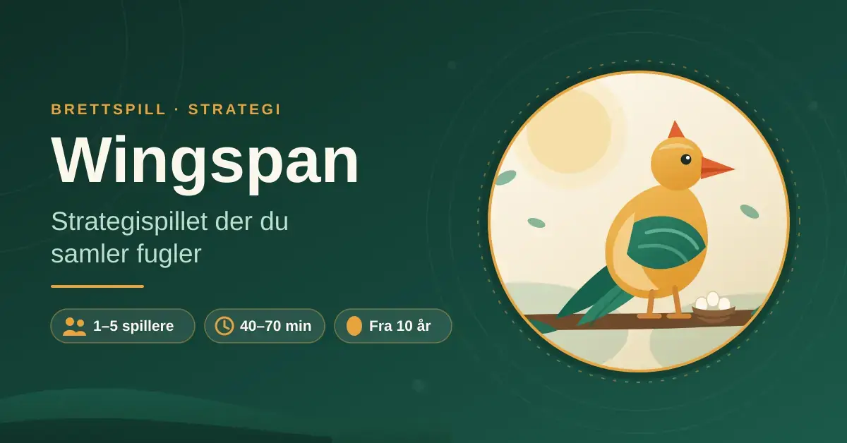 Illustrasjon av en fargerik fugl som sitter på en gren ved siden av et reir med egg, med teksten «Wingspan – strategispillet der du samler fugler» og spillinfo om antall spillere, spilletid og aldersgrense.